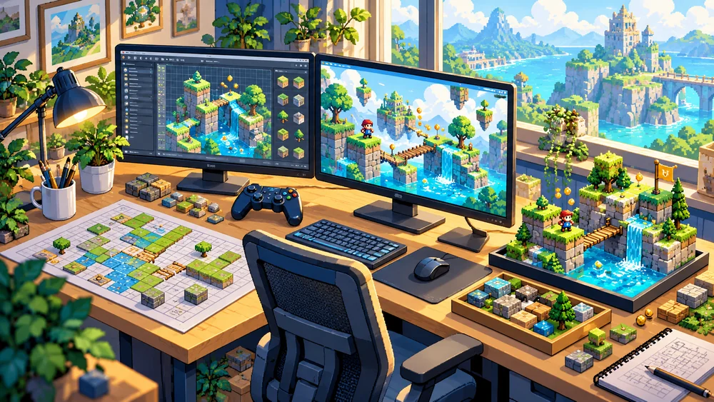 Pixel art game development desk with controller, level map and design screens