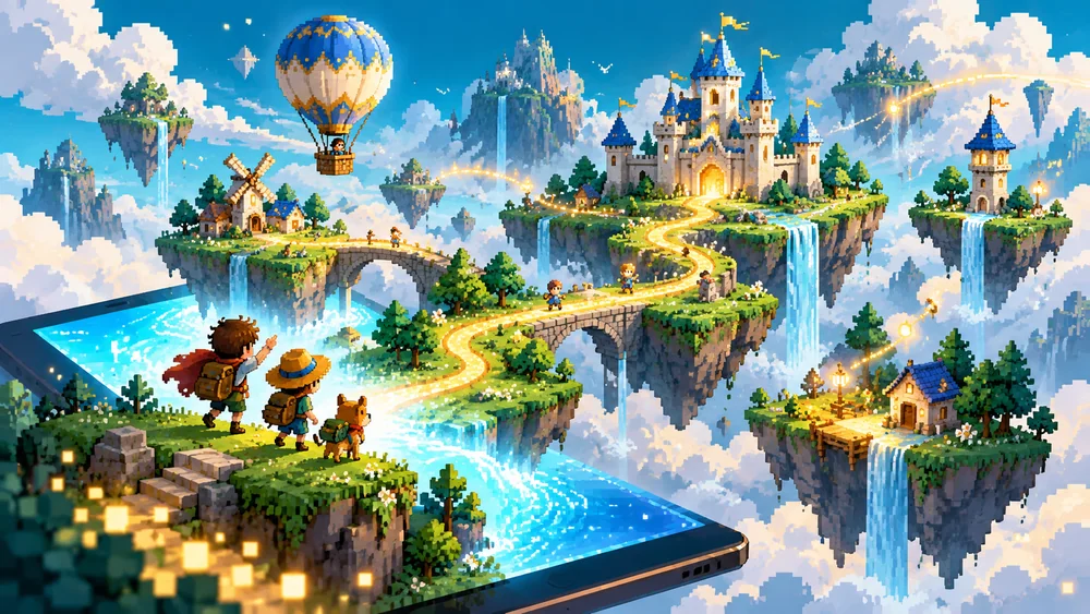 Pixel art story world emerging from a screen with islands and an air balloon